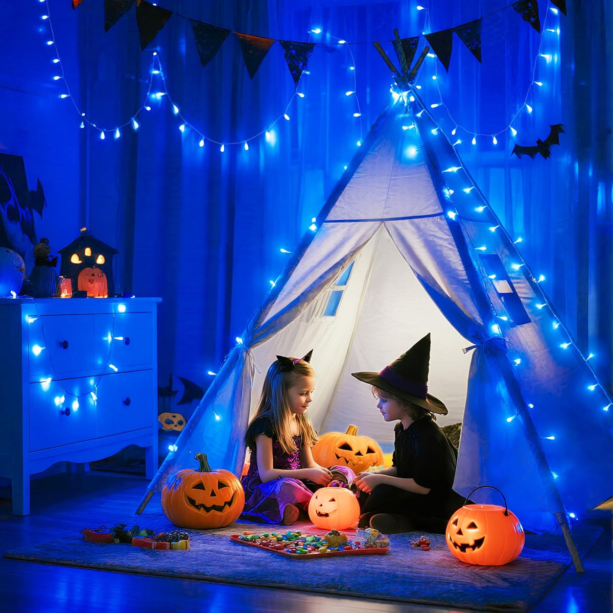 JMEXSUSS 600 Blue LED Halloween Lights Outdoor Waterproof 168ft Blue String Tree Lights Indoor Plug