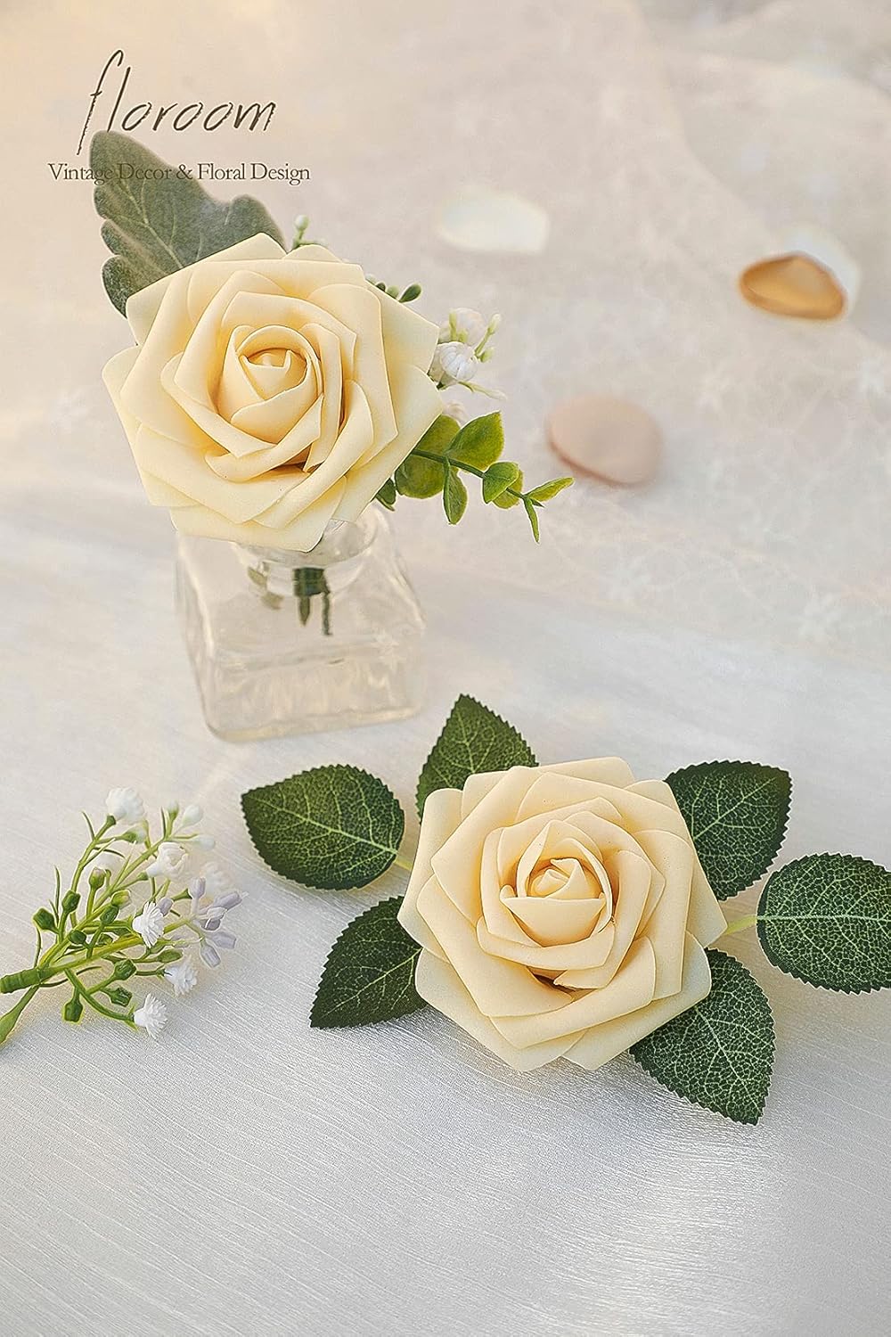 Floroom Artificial Flowers 50pcs Real Looking Creamy Yellow Foam Fake Roses with Stems for DIY
