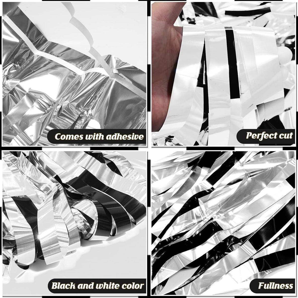 3 Pack 3.3Ft x 6.6Ft Race Car Checkered Foil Fringe Curtain Backdrop Decorations, Black White