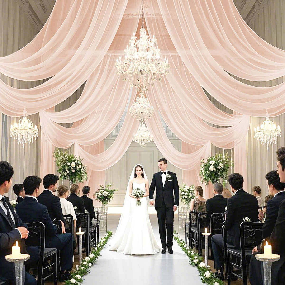 FUHSY Ceiling Drapes for Weddings 4 Panels 5x20 FT Champagne Chiffon Fabric Drape Sheer Backdrop