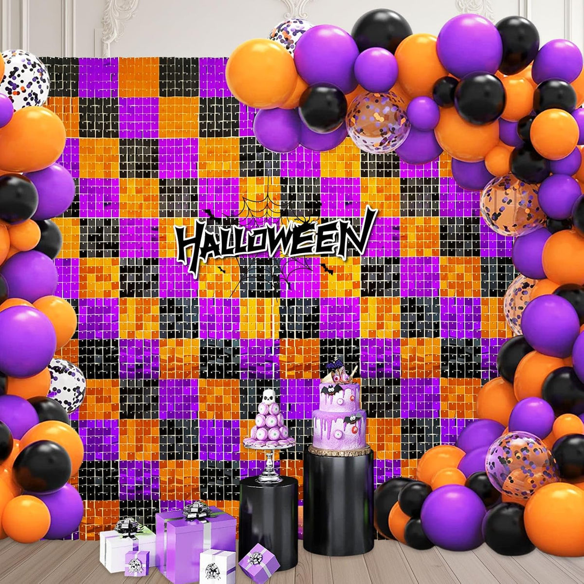 12PCS Black Orange Purple Shimmer Wall Backdrop, Laser Square Sequin Photo Backdrops Panel, Glitter