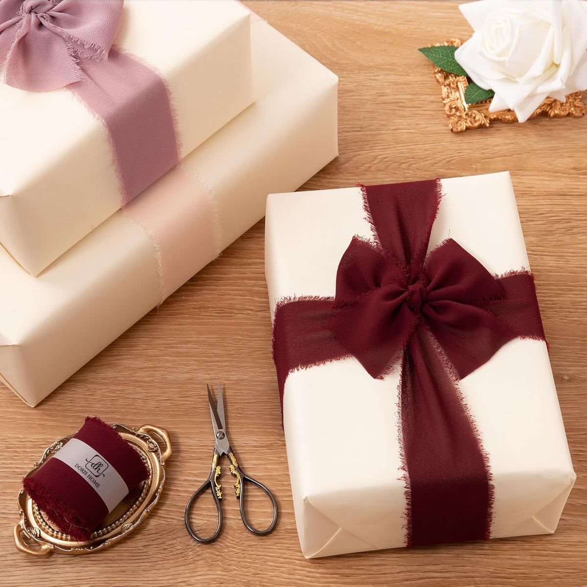DORIS HOME Burgundy Chiffon Ribbon for Flower Bouquet, 2" x21Yd Fabric Ribbon for Gift Wrapping