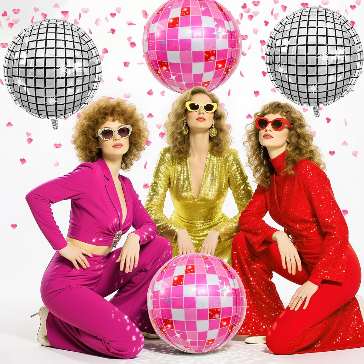 Disco Ball Balloons Pink Silver 4PC,Foil Disco Balloons 22 Inch 4D Round Pink Silver Balloon for