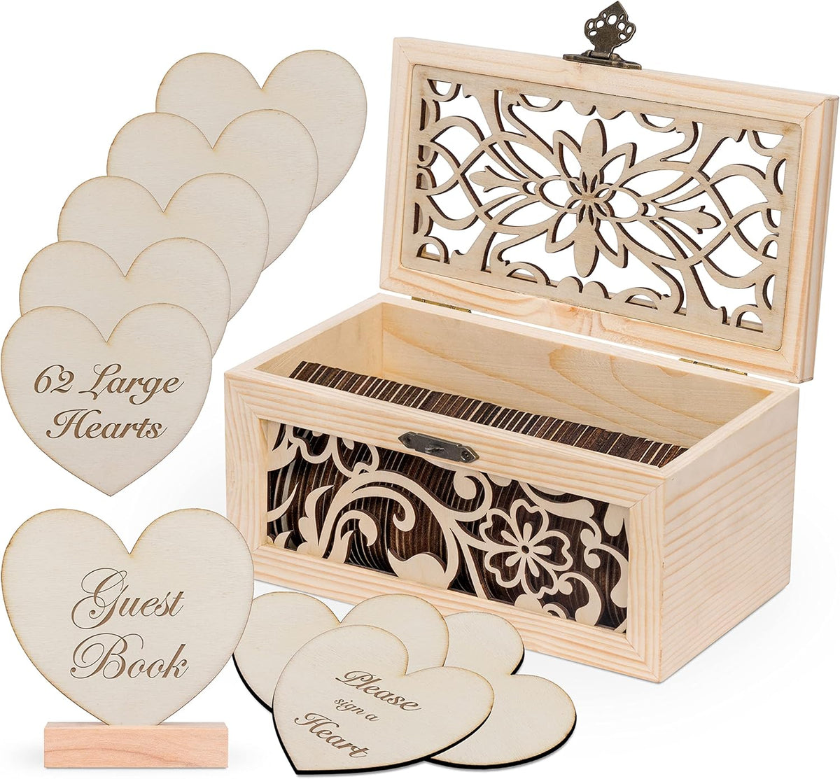Alternative Guest Book Box - Wedding Guest book Alternative - 62 Large Wooden Hearts - Also for