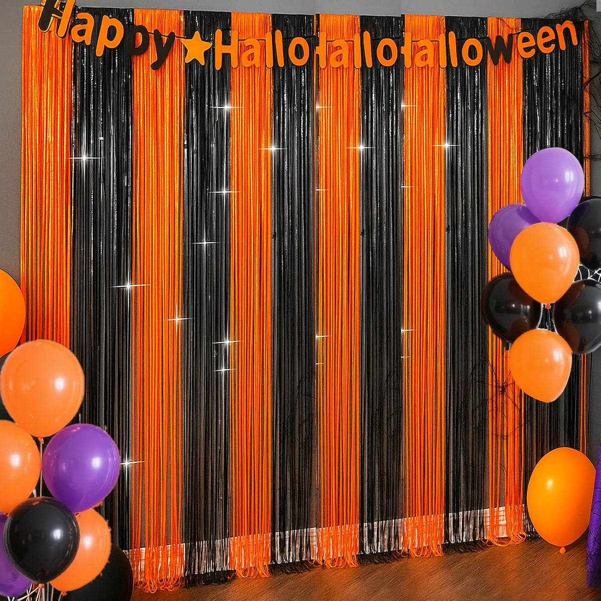 4 Packs Halloween Foil Fringe Curtain, Orange and Black Metallic Tinsel Backdrop for Birthday, Baby