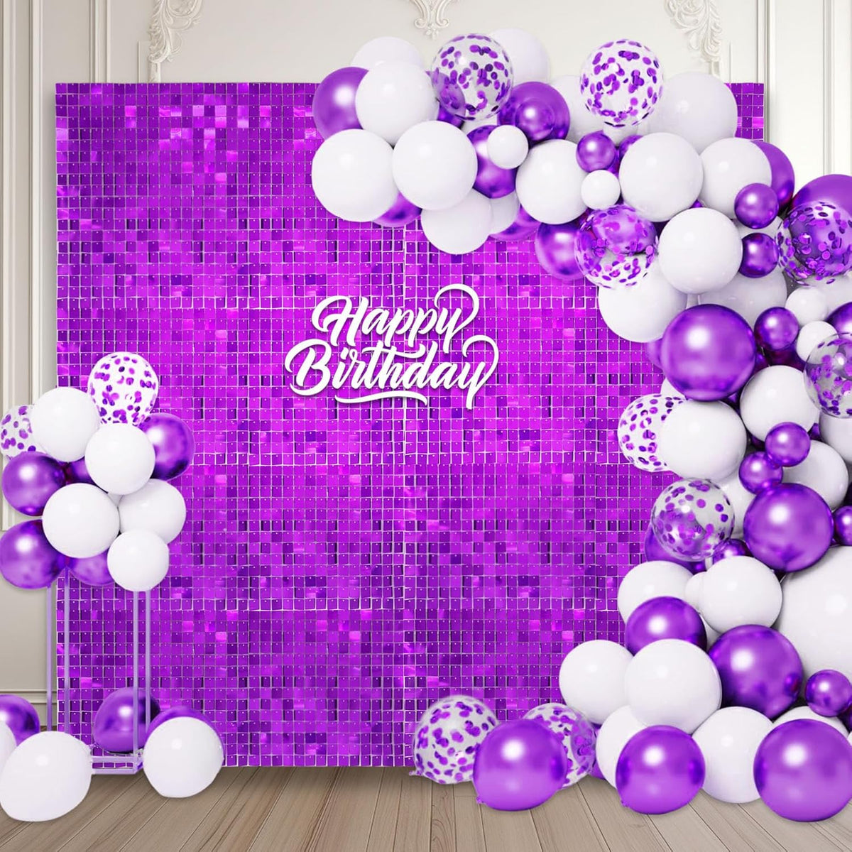 12PCS Purple Shimmer Wall Backdrop, Square Sequin Photo Backdrops Panel, Glitter Wall Background