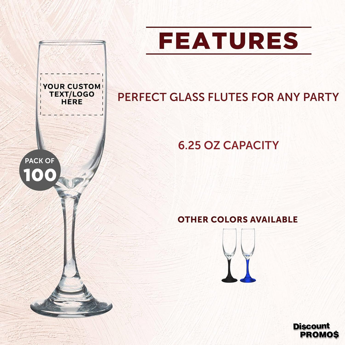 DISCOUNT PROMOS Custom Premiere Champagne Flutes 6.25 oz. Set of 100, Personalized Bulk Pack