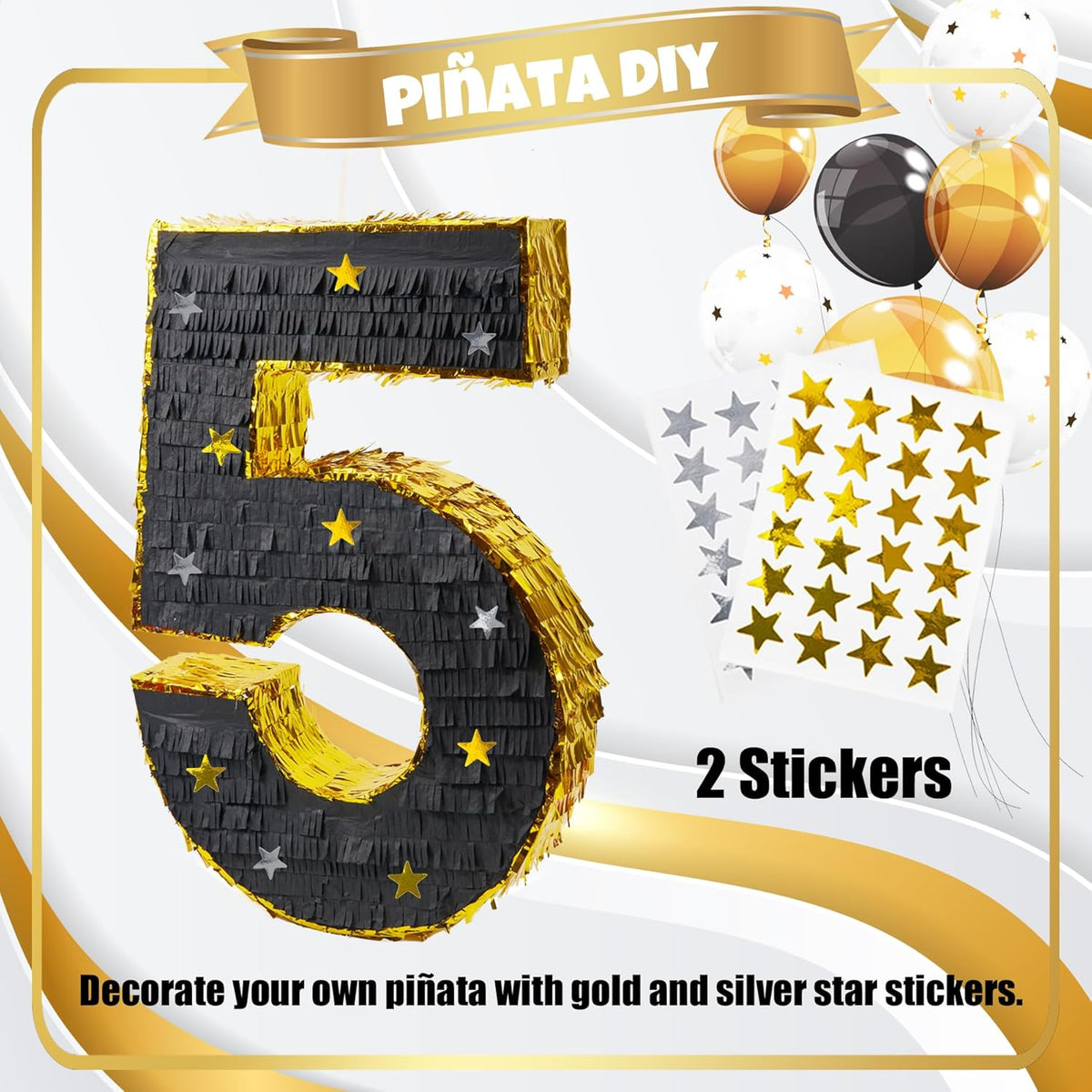 PCFING 20 Inch Number 5 Piñata Gold Black with 30 Inch Piñata Stick Blindfold Confetti for Man
