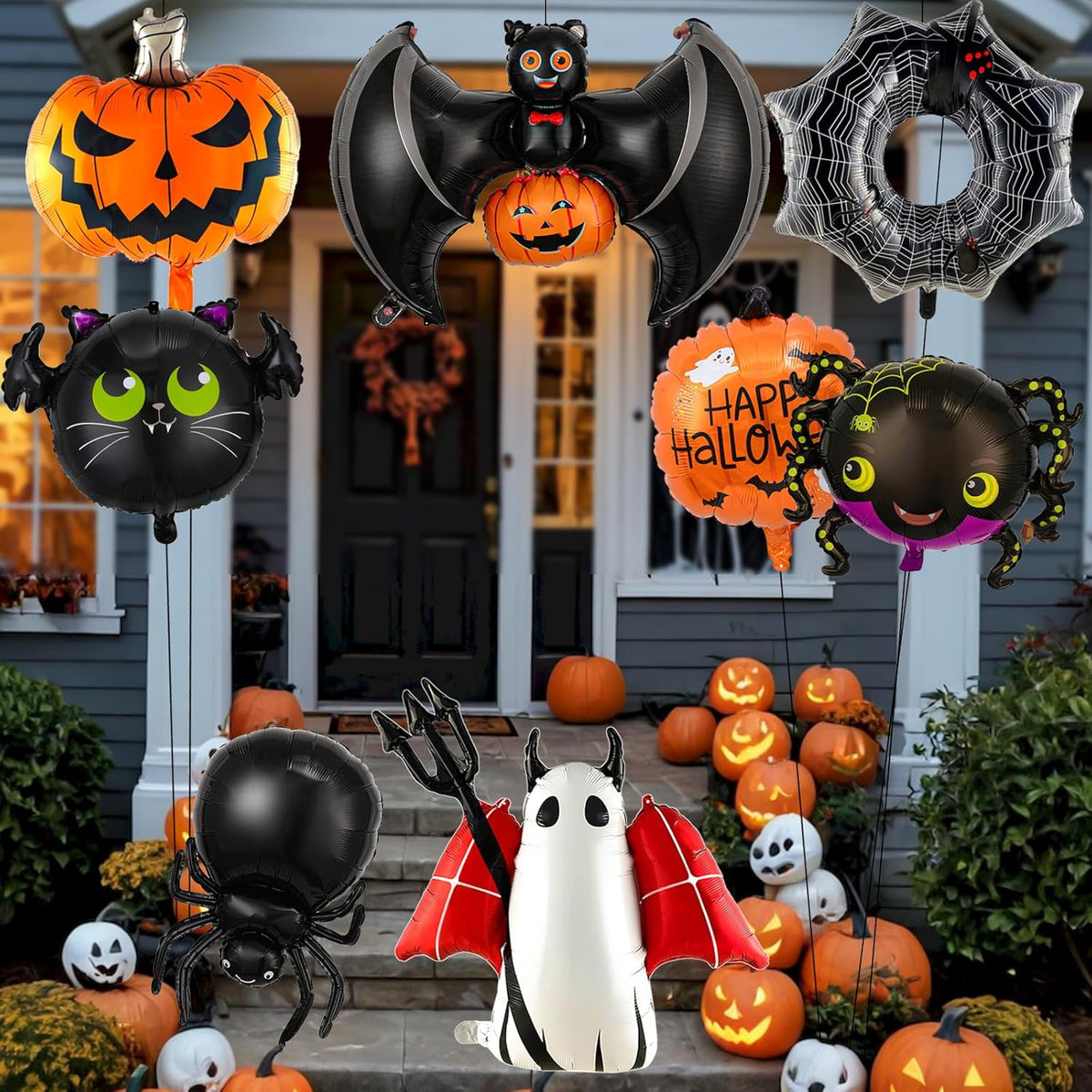 Halloween Balloons Set - 9Pcs Foil Ghost, Spider, Pumpkin & Bat Balloons for Scary Party