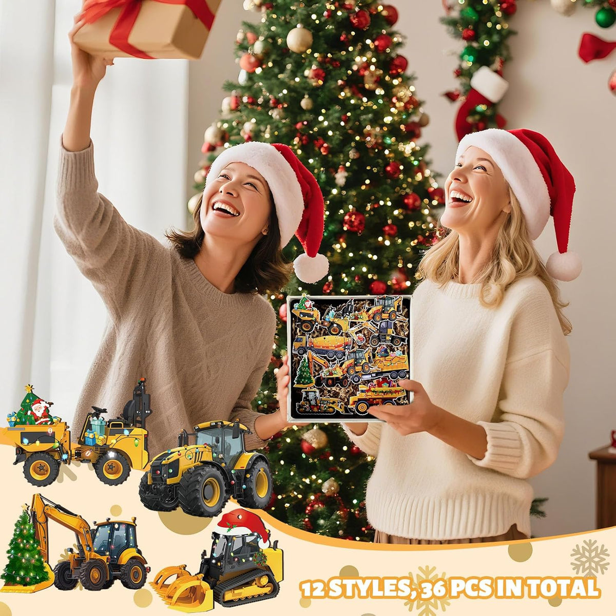 Suzile 36 Pcs Christmas Wooden Ornaments Christmas Construction Truck Ornaments Decoration Vintage