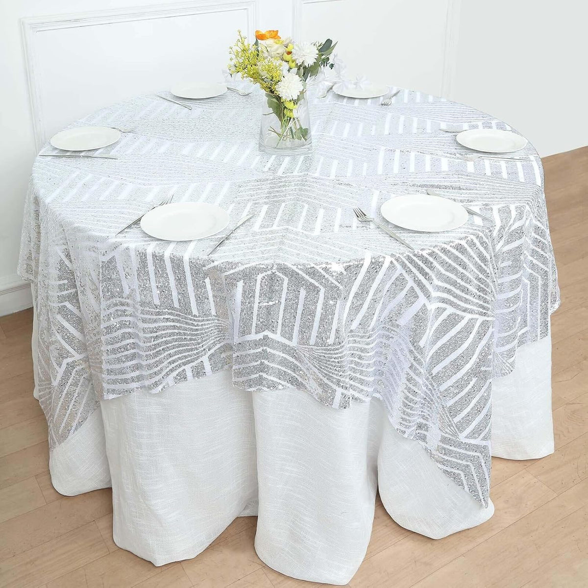 Efavormart 72" Silver Sparkly Sequin Geometric Tulle Square Table Overlay
