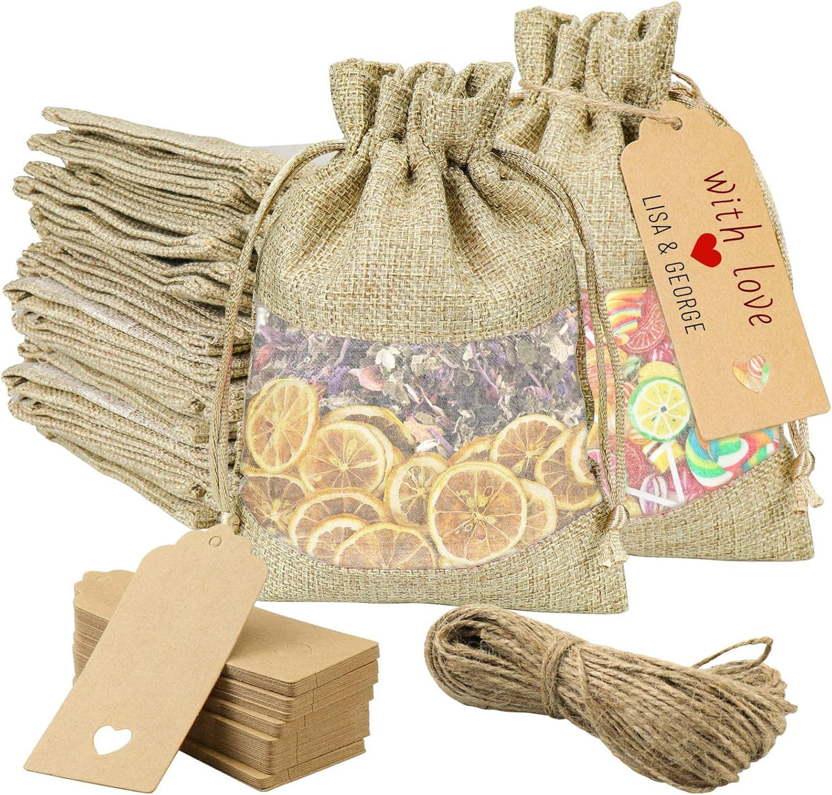 GIOIPC 20Pcs 5 x 7 Inch Linen Burlap Sheer Bags with Drawstring and Bonus Gift Tags for Wedding
