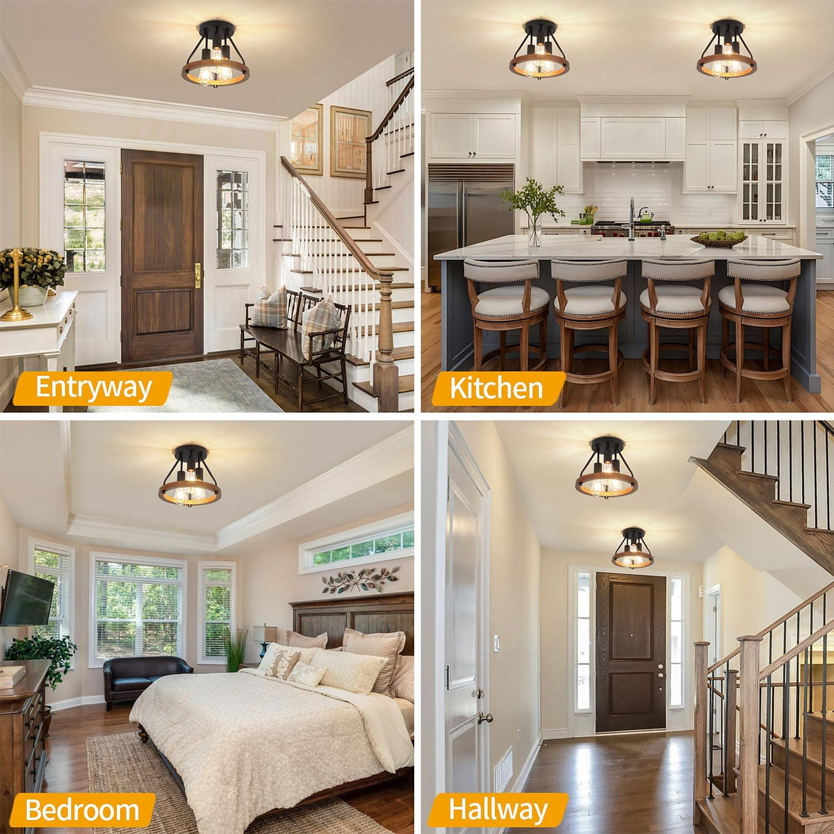 Modern Farmhouse Wood Semi Flush Mount Ceiling Light, Hallway Entryway Light Fixtures, 3-Light