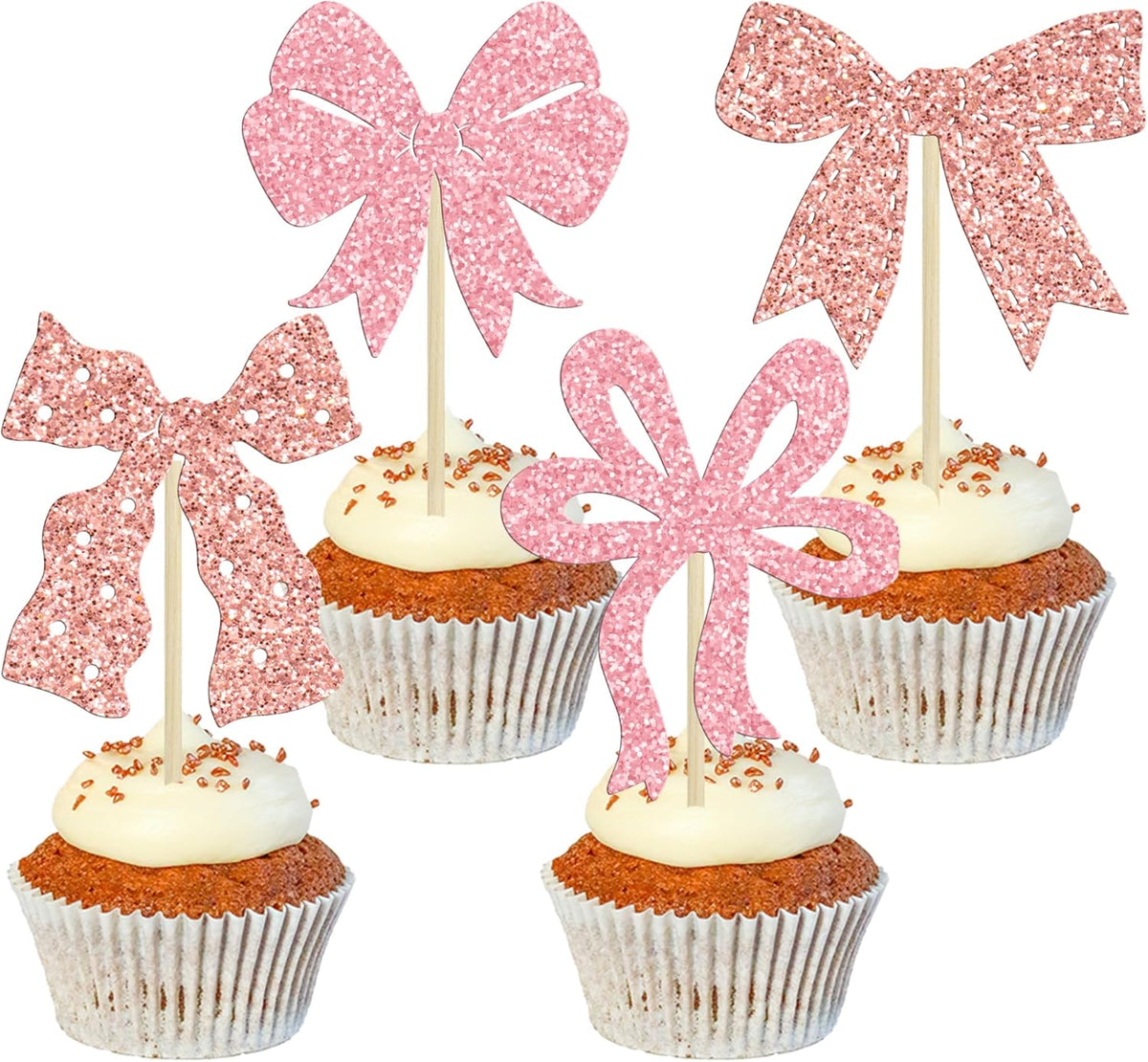 Ephlyn 24pcs Pink & Rose Gold Bow Cupcake Toppers - Perfect for Birthday, Baby Shower, Bridal