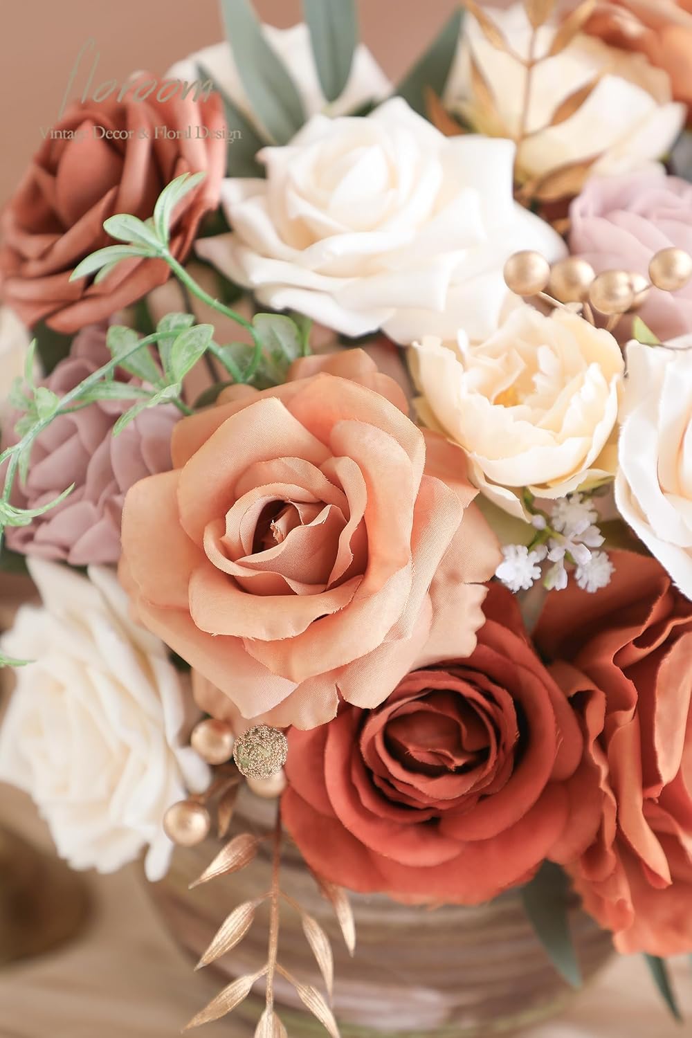 Floroom Terracotta Artificial Flowers Burnt Orange Fake Roses Peonies Dahlia Greenery Combo Box Set