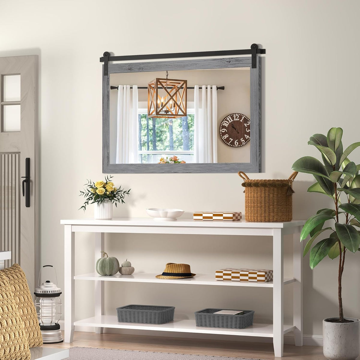 COGOOD Farmhouse Bathroom Mirror - 45 x 30 Rustic Wood Framed Wall Barn Door Mirror for Entryway