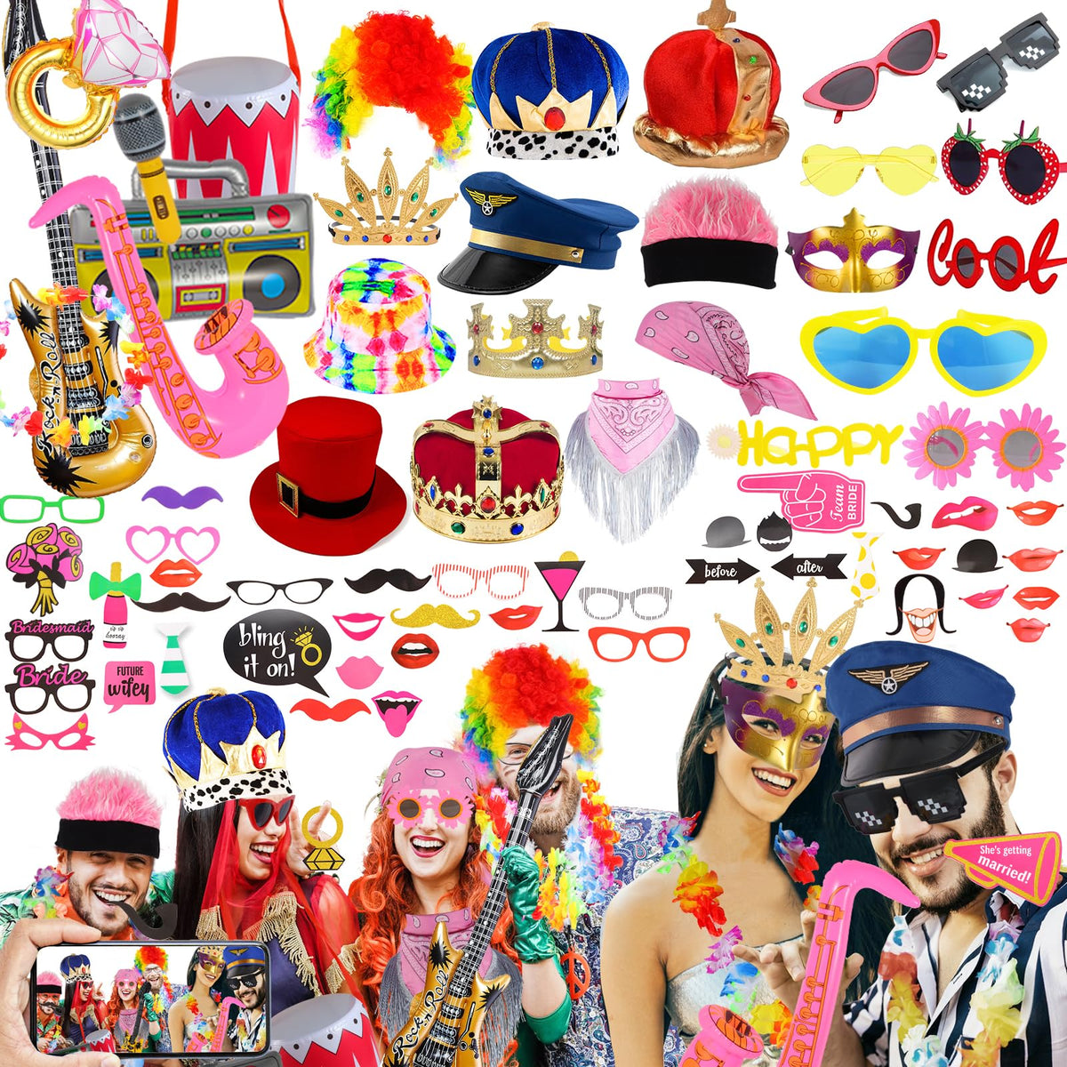 Bulk Opulent Photo Booth Props Set for Adult, Novelty Funny Hats and Glasses, Colorful Wig