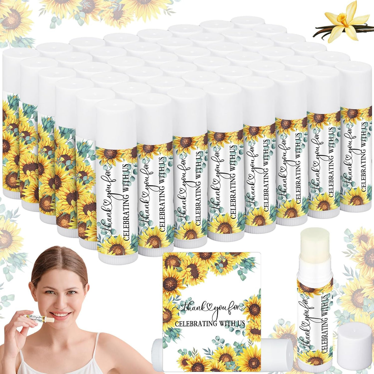 50 Pcs Sunflower Wedding Bridal Shower Gifts Bulk Floral Lip Balm Baby Shower Party Favors Thank