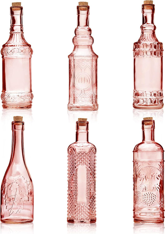Assorted Reddish Glass Bottles with Corks, 6 Pack, 2.5in X 9in, 16oz