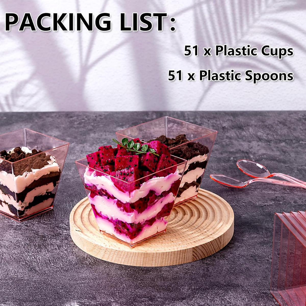 YOUBET 102 PCS Plastic Dessert Cups - 8oz Pink Clear Square Cups - 51 Pack Mini Appetizer Cup with
