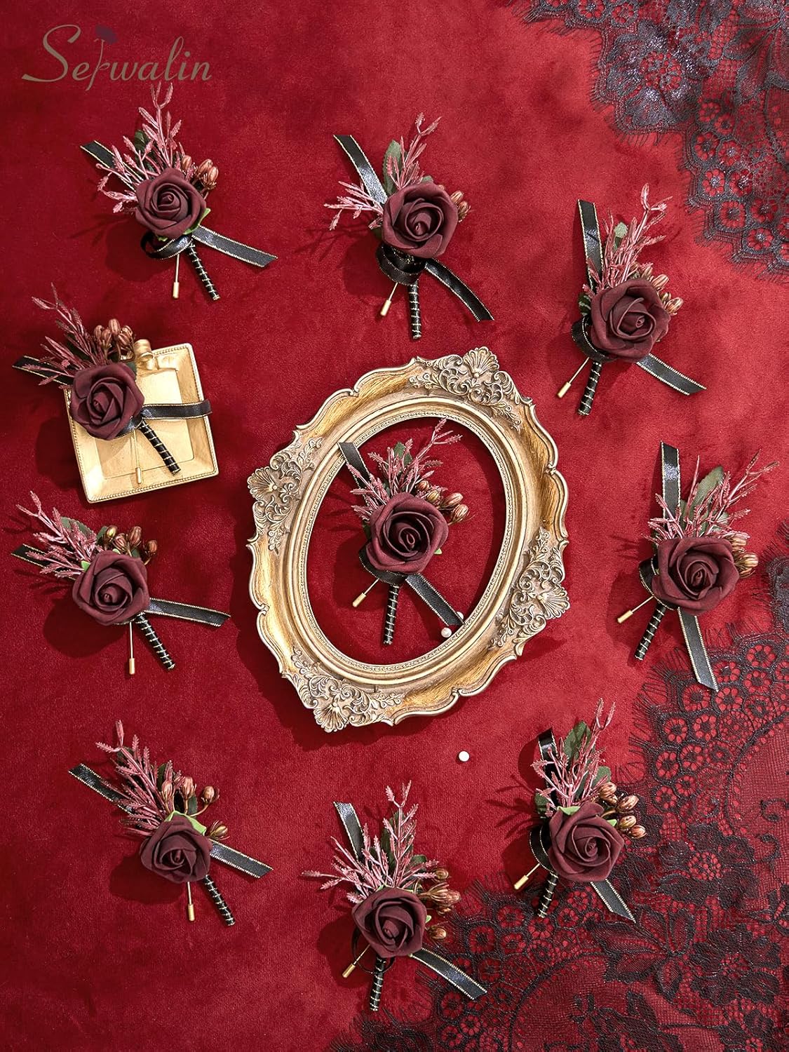 Serwalin 10Pcs Boutonniere for Men, Burgundy Groom and Best Man Boutonniere, Artificial Flowers for