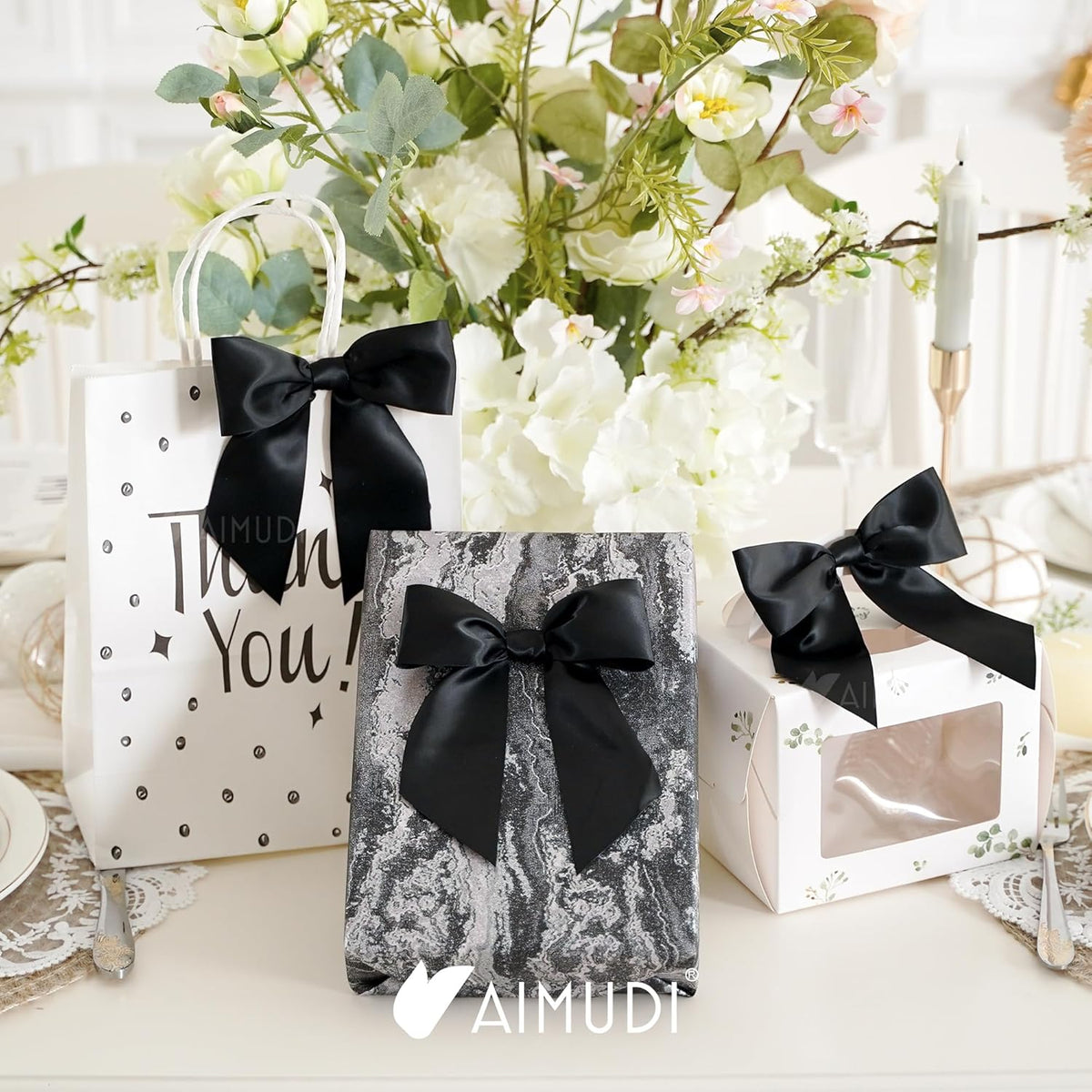 AIMUDI Black Satin Bows 5.5" Bows for Gift Wrapping Satin Twist Tie Bow Premade Ribbon Bow for