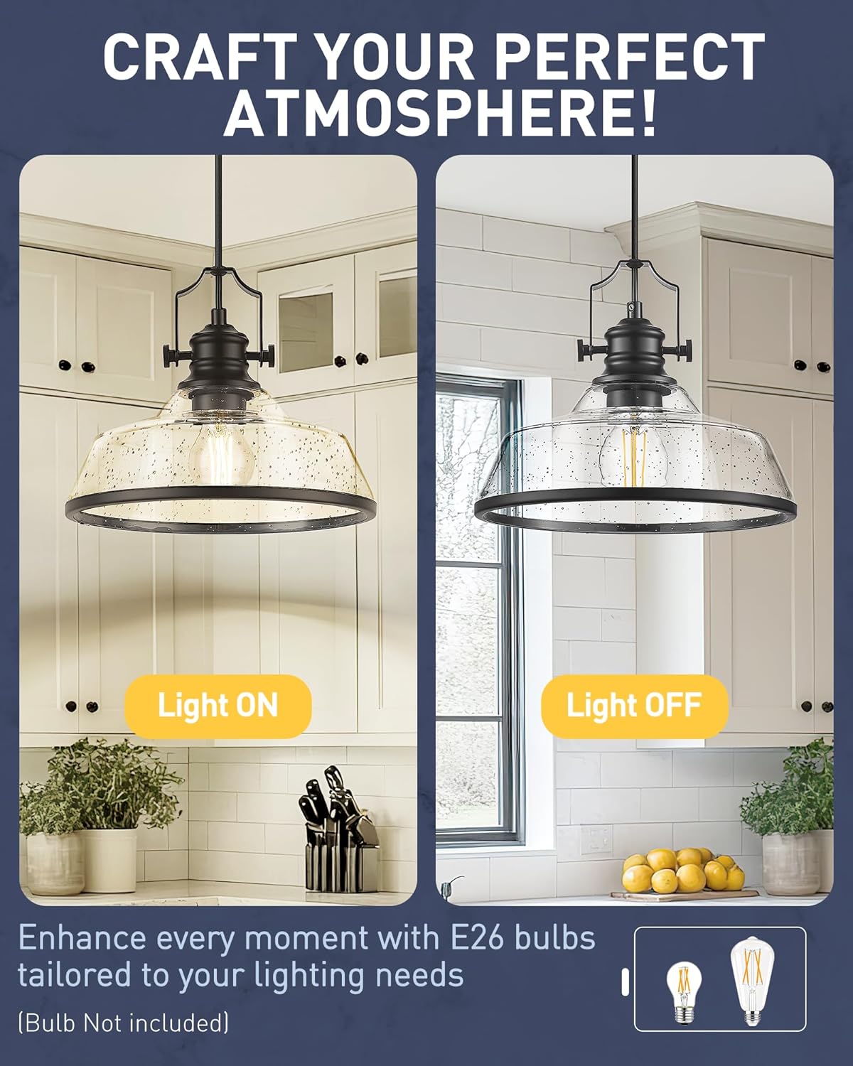 kudos Seeded Glass Pendant Light Kitchen Island, Adjustable Cord, Black Farmhouse Kitchen Light