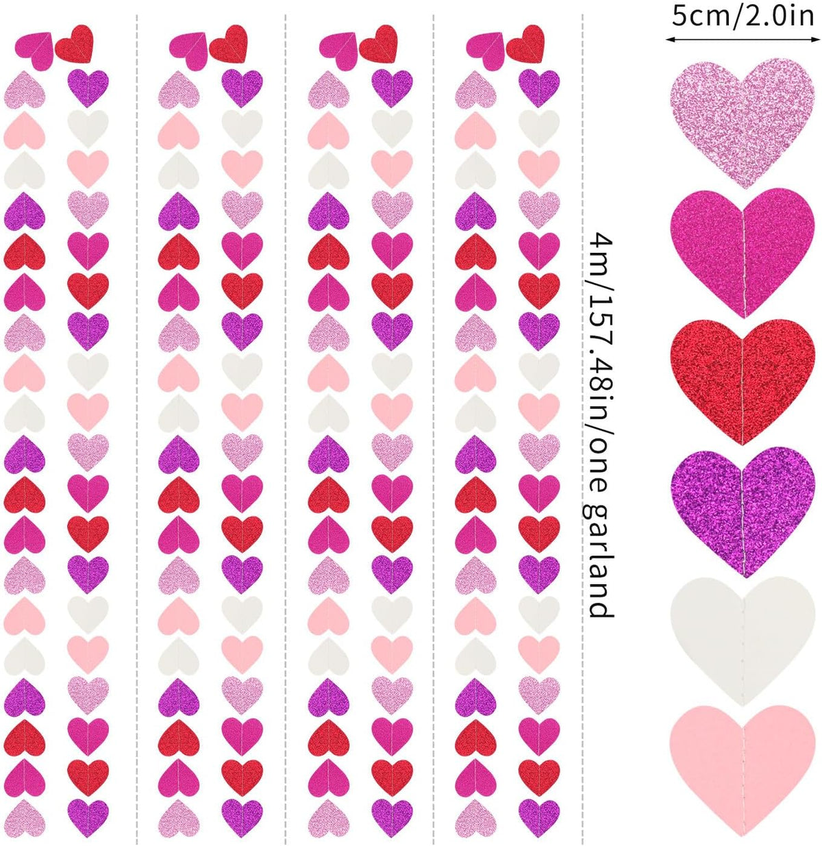 Purple Hot-Pink Red Party-Decoration Heart-Garland - 52ft Galentines Hanging Paper Streamers