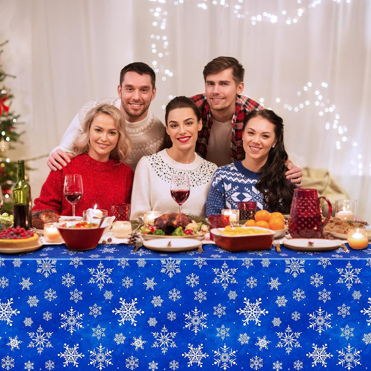 Jectivs 12 Pieces Christmas Snowflake Plastic Party Tablecloth Decorations,White Snowflake Blue