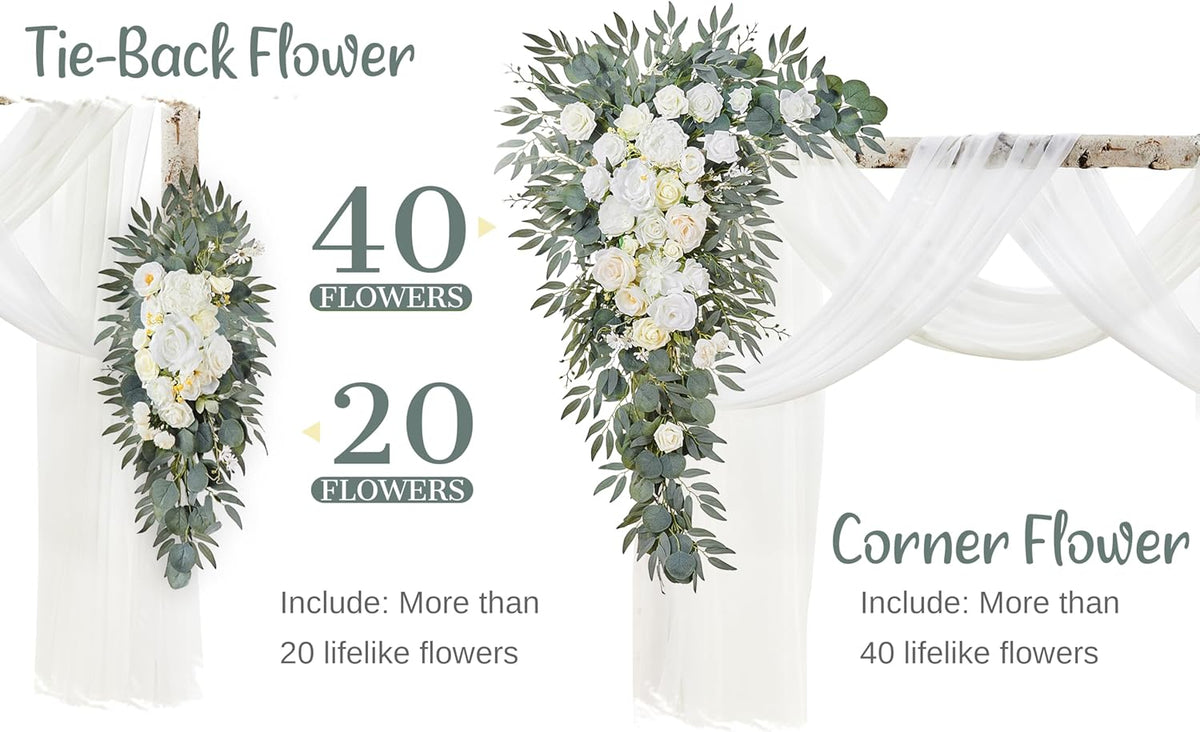 Wedding Arch Flowers with Drapes Kit (Pack of 4) - 2pcs Artificial Ivory & White Deluxe Swag with
