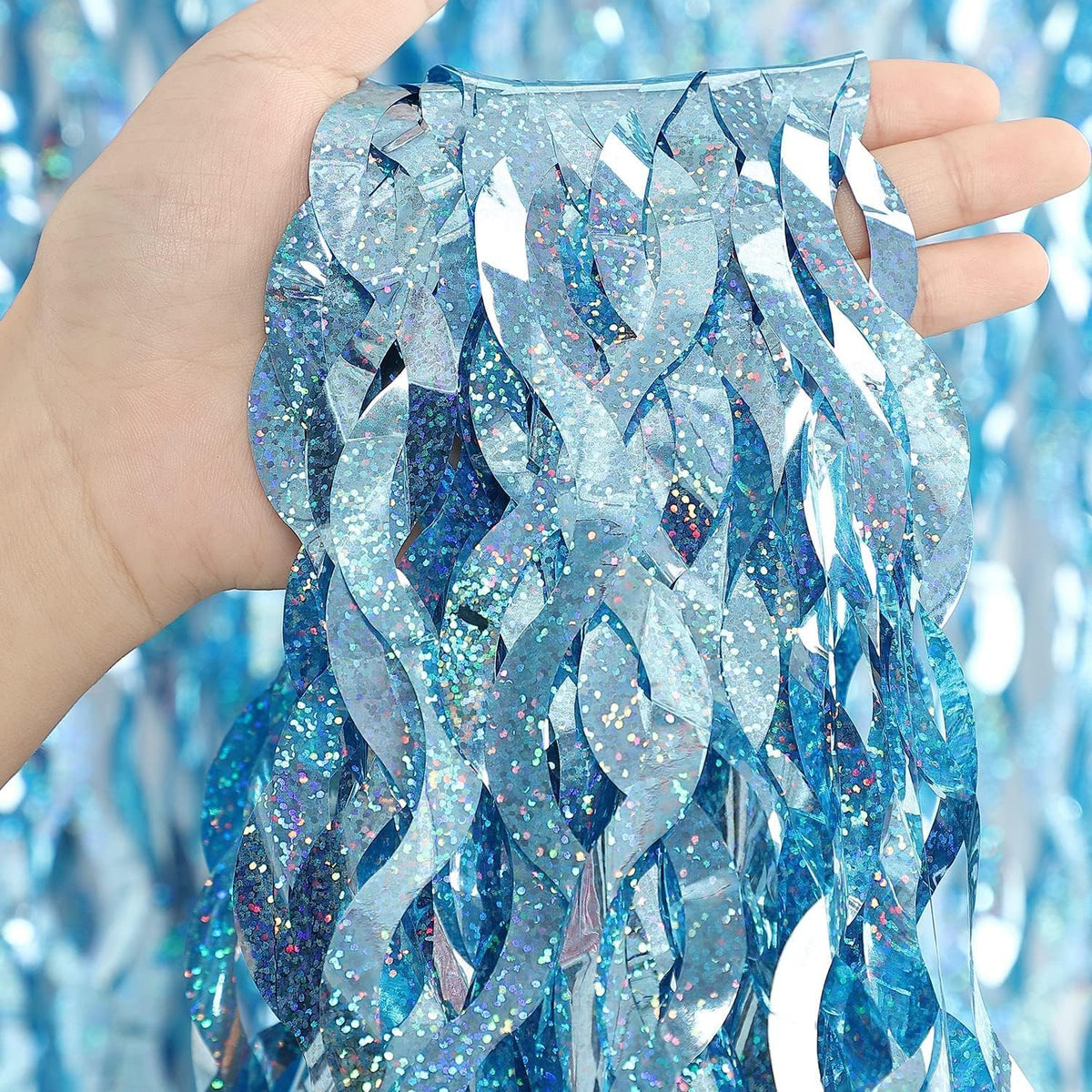 4 Pack Light Blue Party Foil Curtain - CYLMFC 3.3 ft x 6.6 ft Wavy Photo Booth Backdrop Metallic