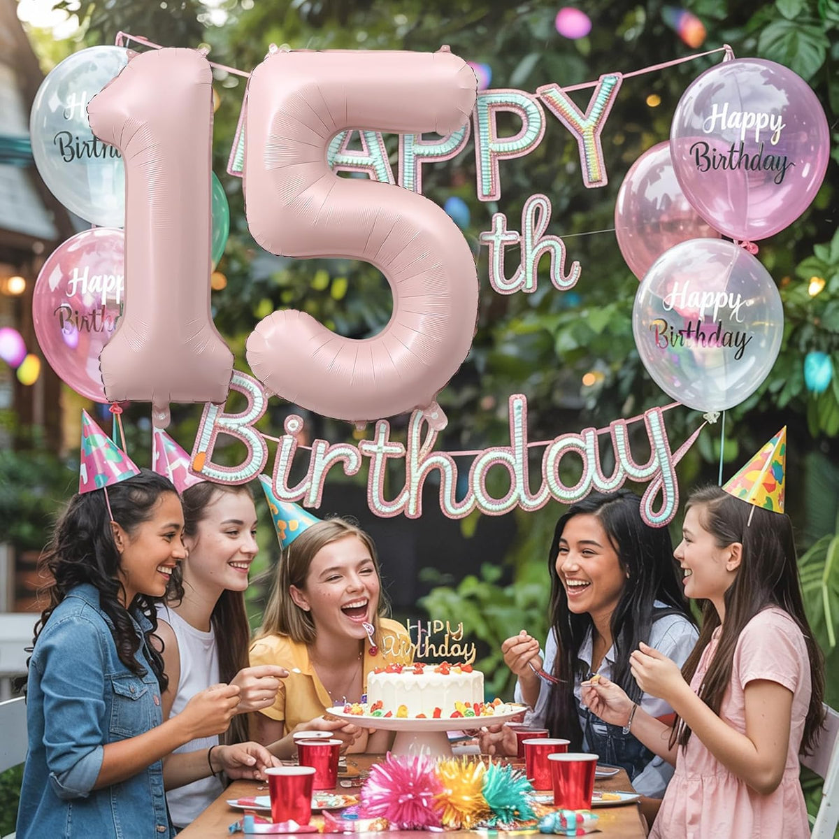 Light Pink Sweet 15th Birthday Balloon for Girls, 40 Inch Self Inflating Mylar Number 15 Balloons