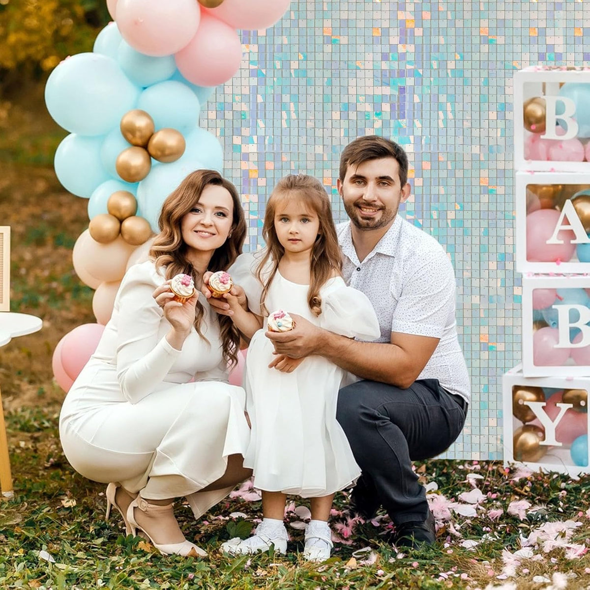 24PCS Colorful Blue Shimmer Wall Backdrop, Square Sequin Backdrops Panel, Glitter Wall Background