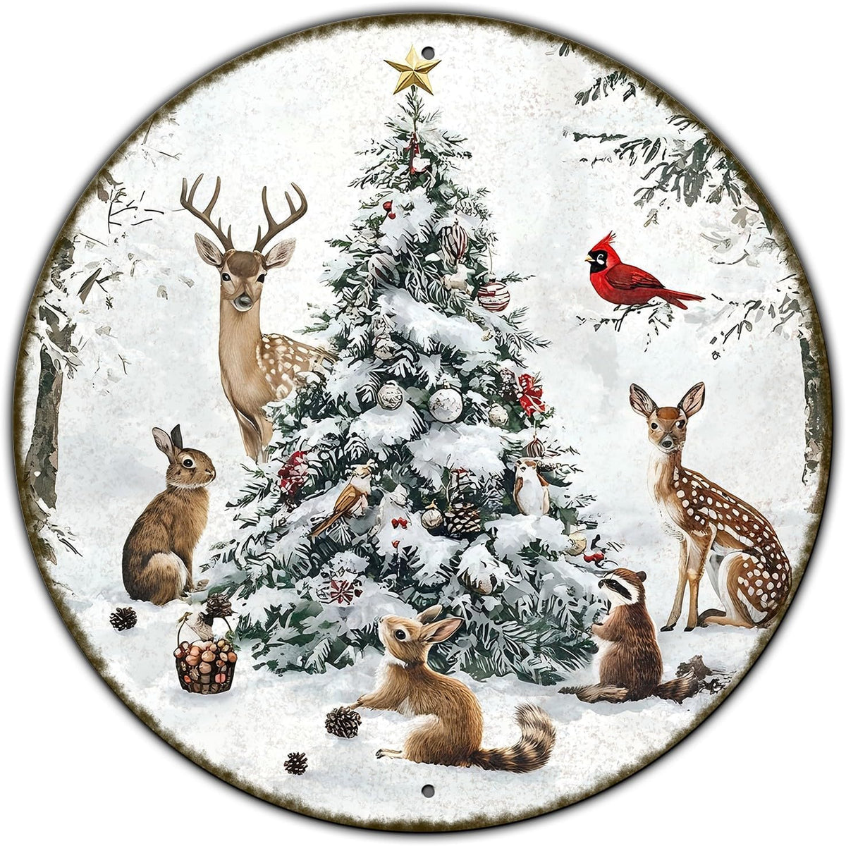 Round Christmas Snow Animals Metal Tin Sign - Vintage Christmas Tree & Winter Sign for Home &