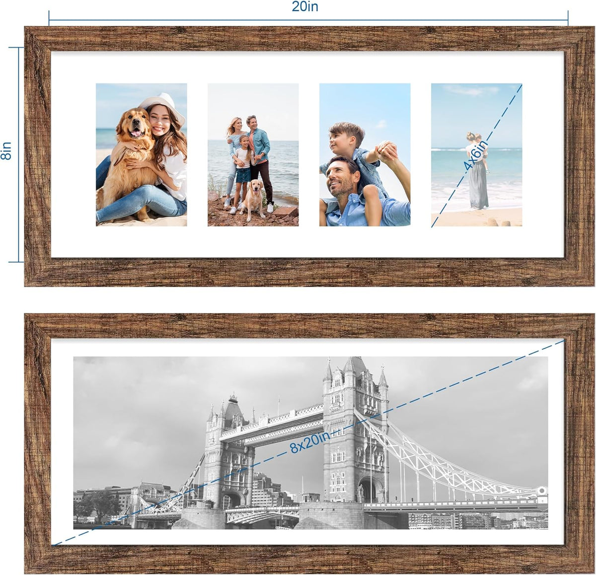 8x20 Picture Frame Set of 2, Rustic Brown Wood Frame with Tempered Glass Collage Frame, Display