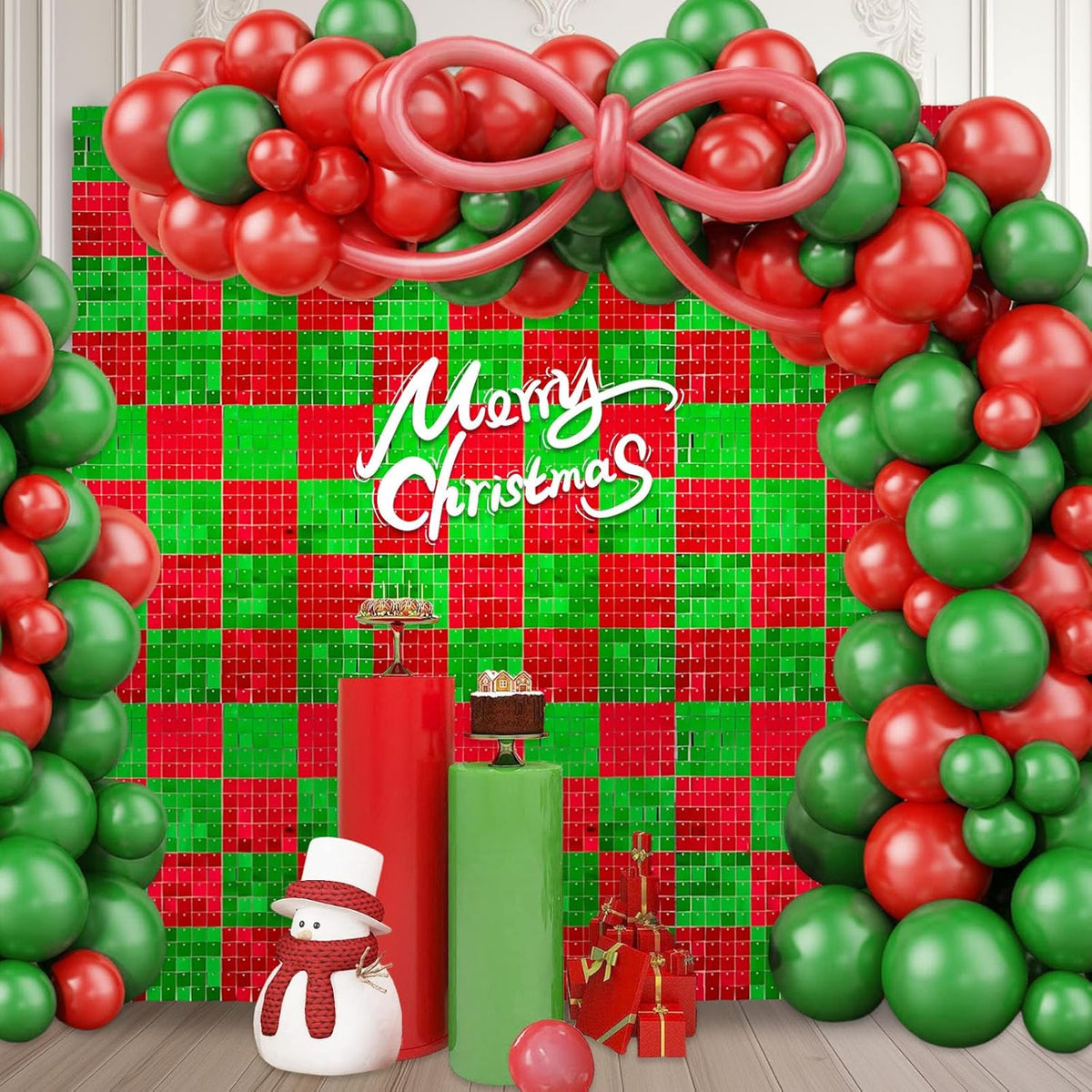 12PCS Red Green Shimmer Wall Backdrop, Laser Square Sequin Photo Backdrops Panel, Glitter Wall