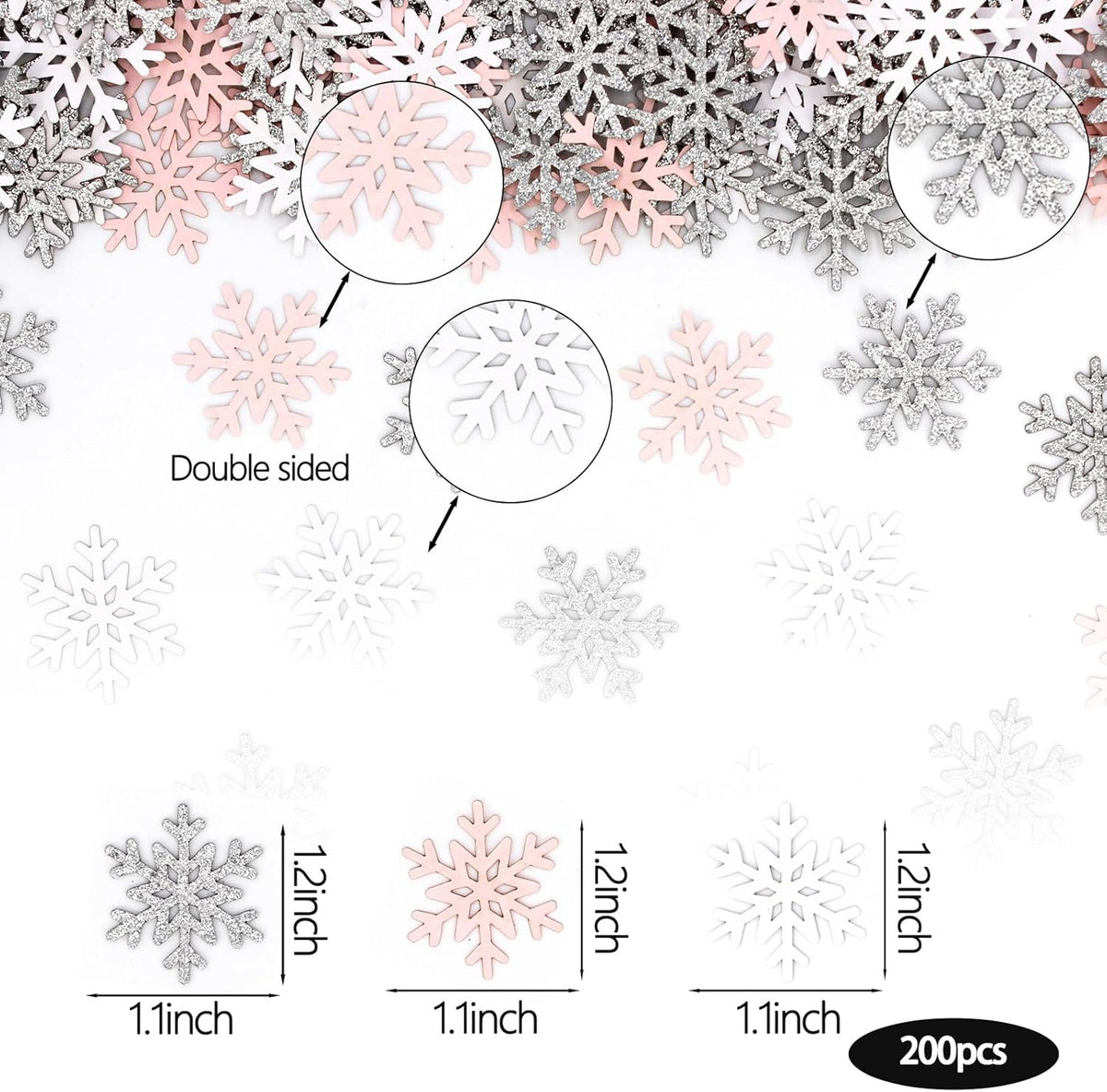 200PC White Pink Silver Snowflake Confetti for Winter Wonderland Decorations Small Snowflakes Table