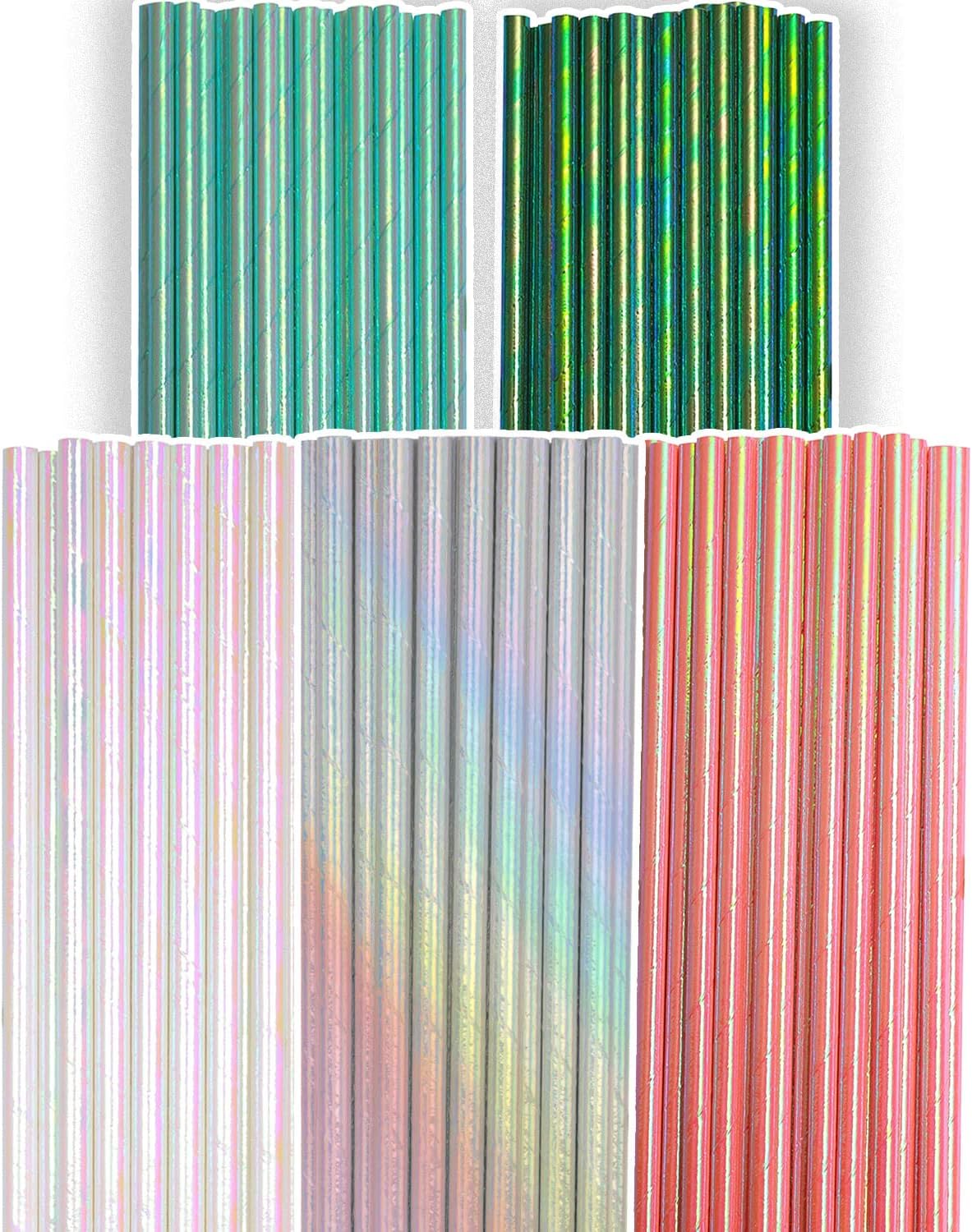 150pcs Iridescent Paper Straws for Drinking Disposable Sraws Disposable Straws Bulk（5 Color Muli）