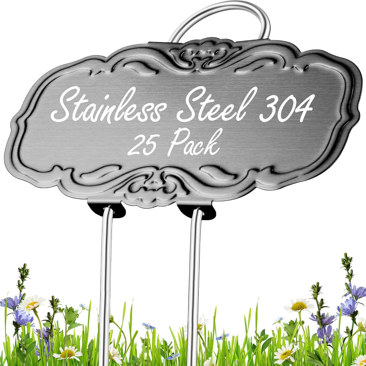 Updated Metal Plant Labels for Garden, 25 Pack Stainless Steel DIY Plant Markers Waterproof for