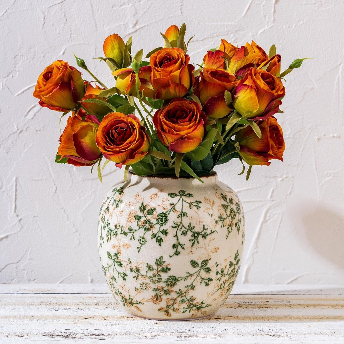 Vintage Green and Beige Round Pastoral Vase, Round Ceramic Floral Vases, Retro Ice Cracked