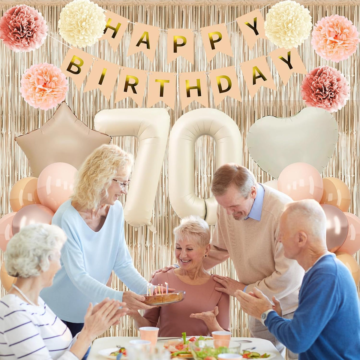 Beige 70th Birthday Decorations for Women Cream Number 70 Balloon Nude Gold Happy Birthday Banner