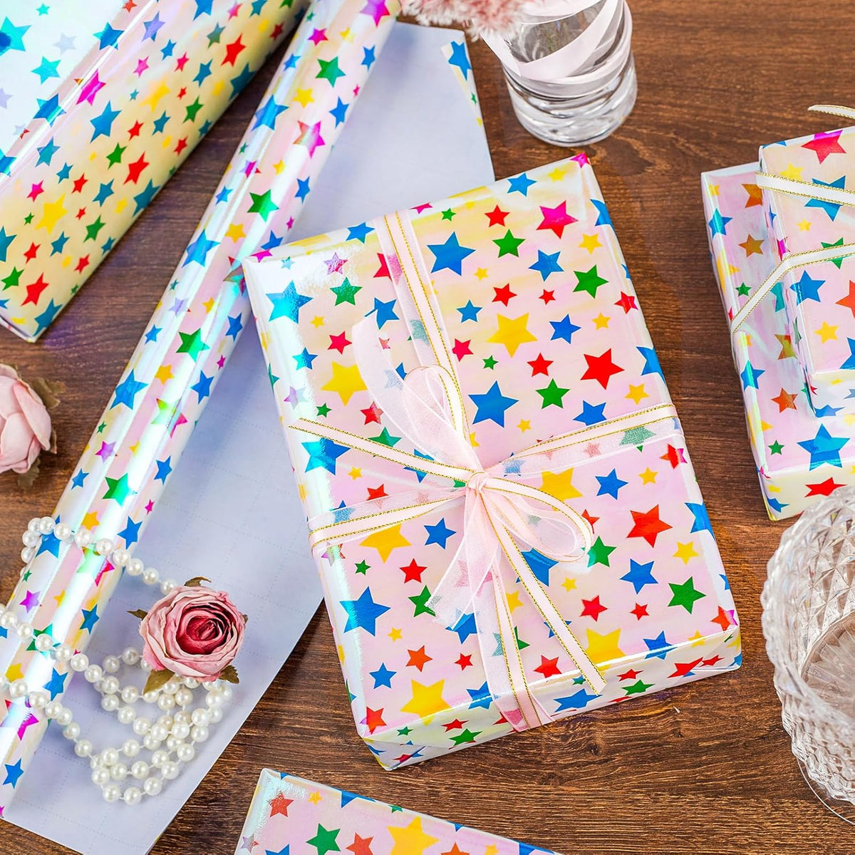 Burymento Holographic Pink Star Gift Wrapping Paper for Birthday, Valentines, Mothers day