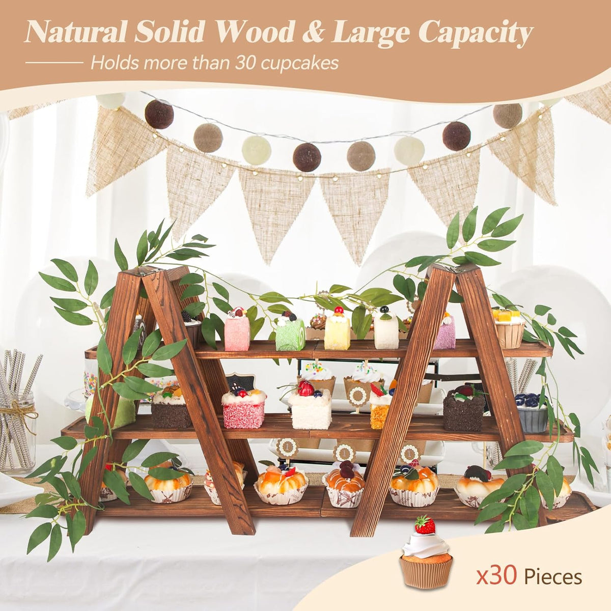 Wooden 3-Tier Cupcake Stand with Removable Trays & Vine Decoration – Foldable Party Display Serving