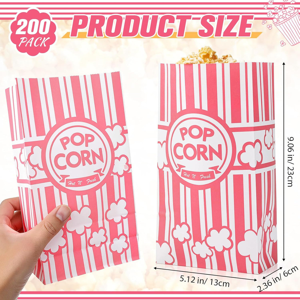 200 Pcs Paper Popcorn Bags Bulk 2 oz Large Flat Bottom Boxes Red and White Disposable Container