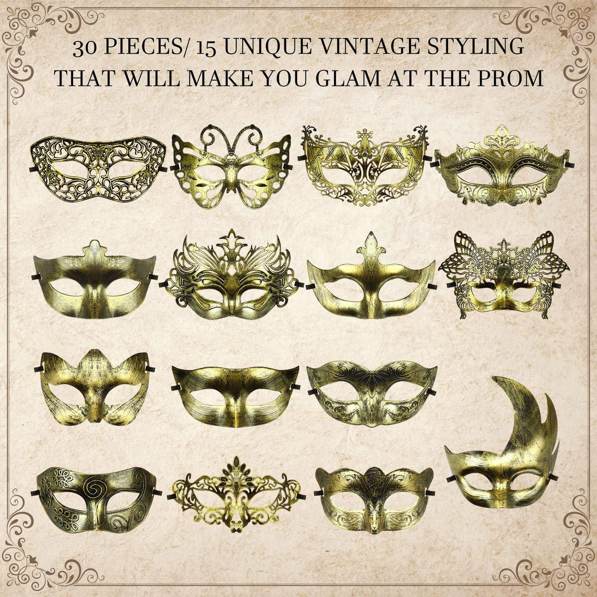 Yunsailing Masquerade Masks with Straps for Women Men,Gold
