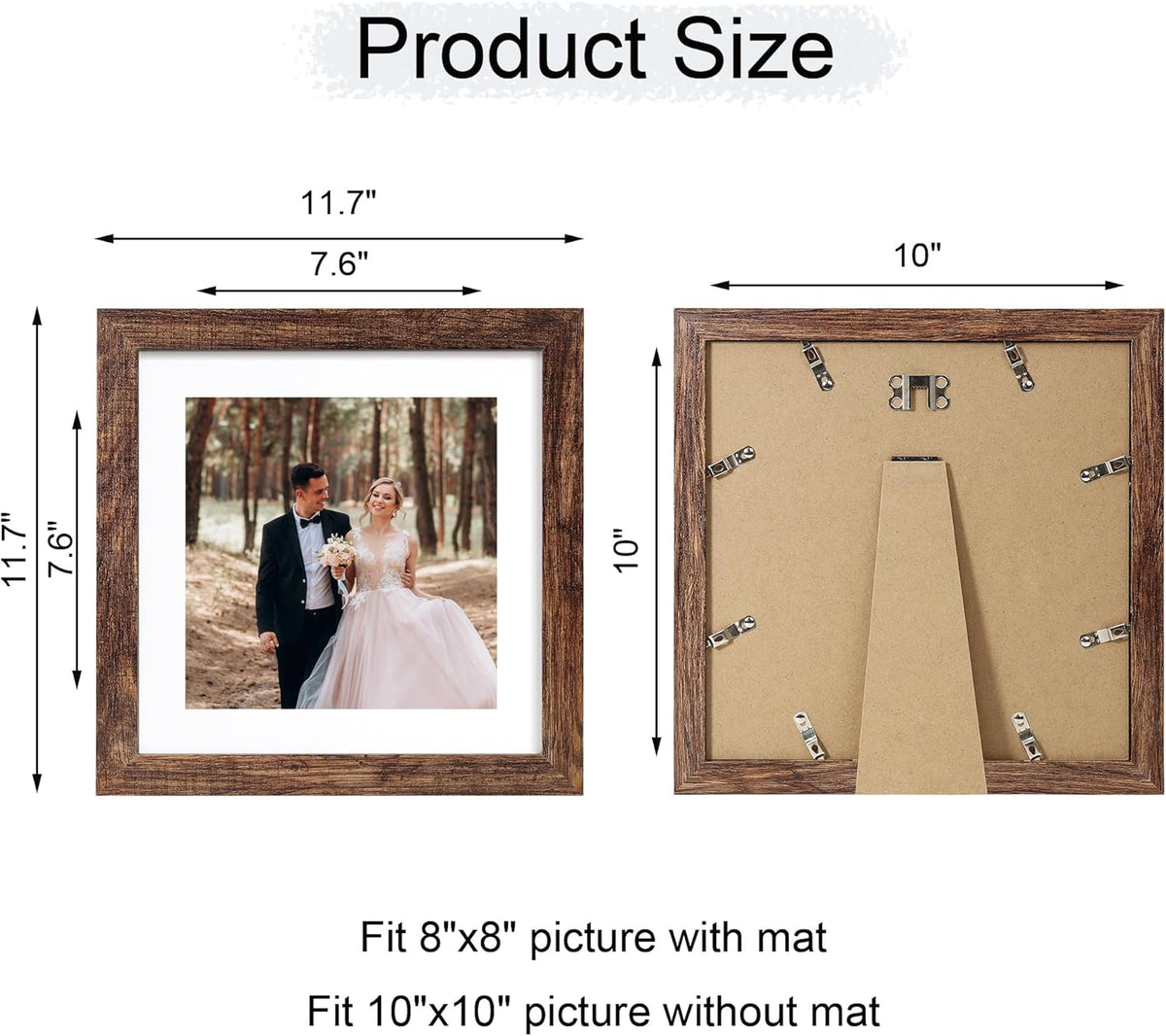10x10 Picture Frame Set of 4 with Real Glass, Rustic Frames Display 8x8 Picture with Mat or 10 x 10
