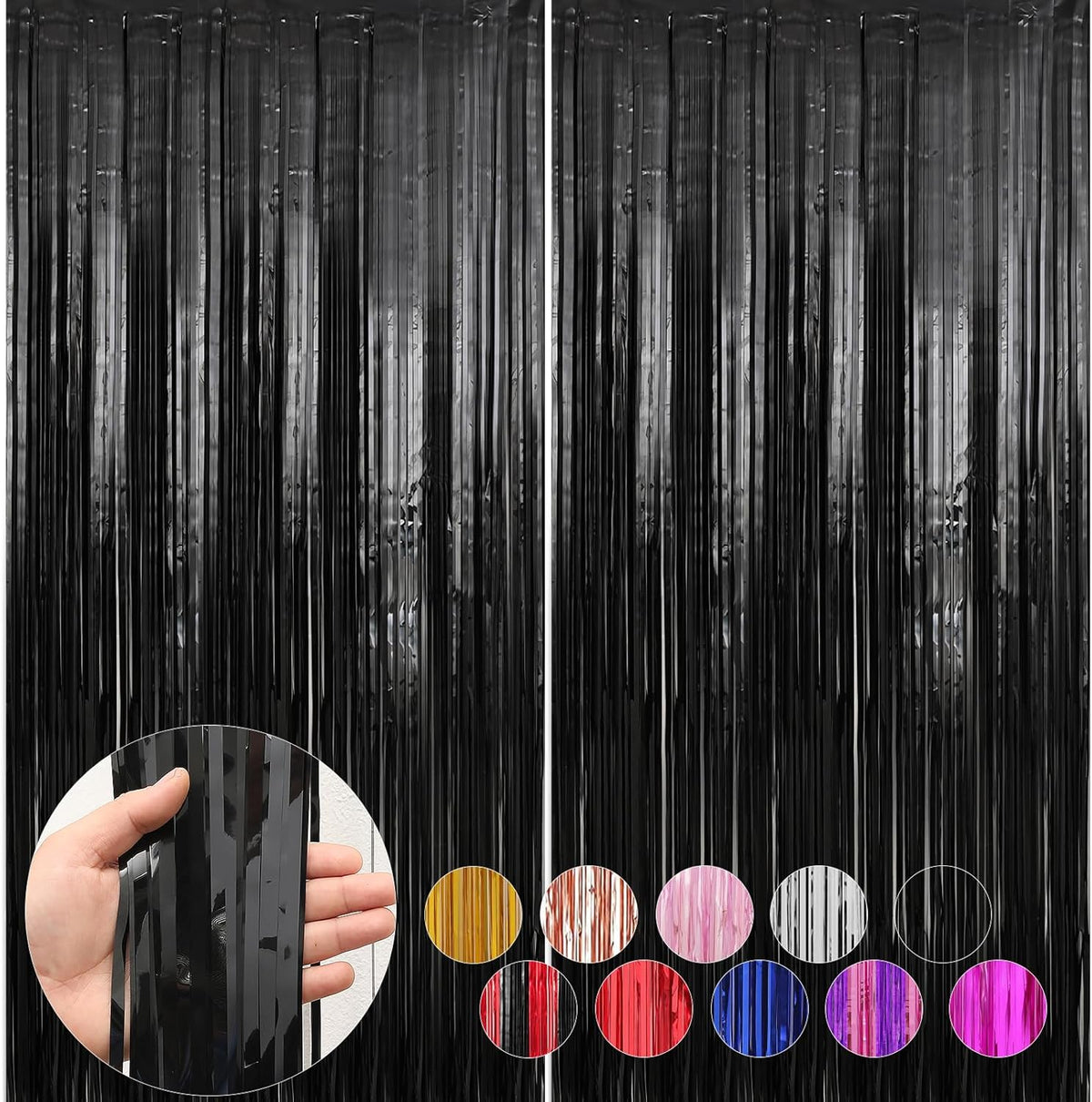 2 Pack Black Foil Fringe Curtains Streamers Party Decorations 3.3 x 8.2 ft, Black Tinsel Curtain