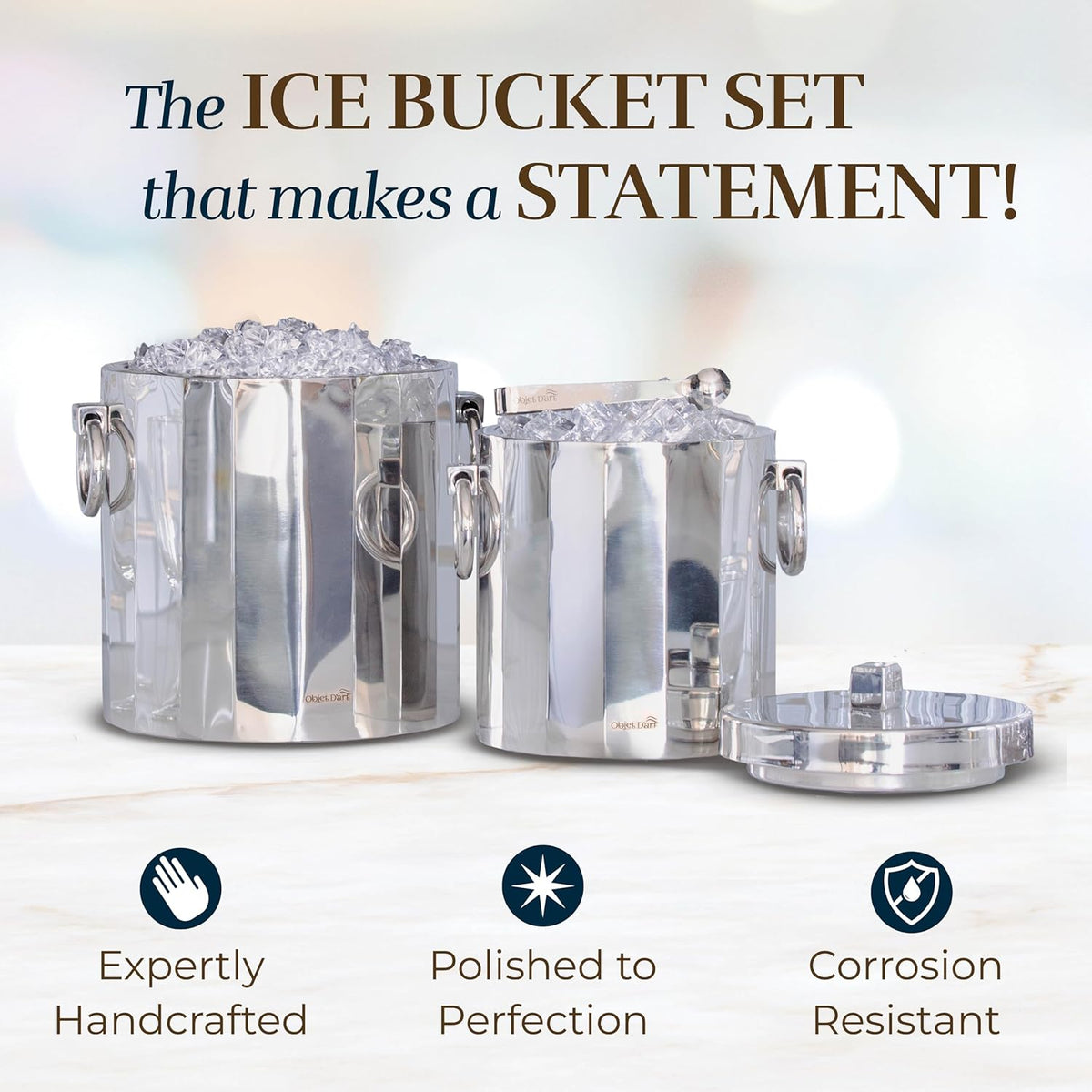 Insulated Ice Bucket for Parties by Objet D’Art, Large Ice Bucket with Scoop Tongs, 2 Stainless
