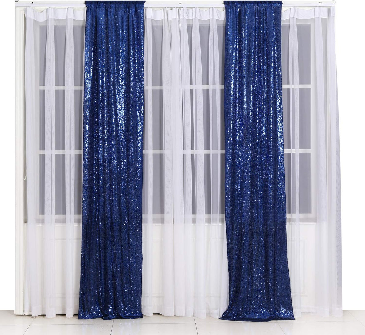 Poise3EHome 2ft x 8ft Blue Sequin Photography Backdrop Curtains 2 Panels for Party Decoration, Navy