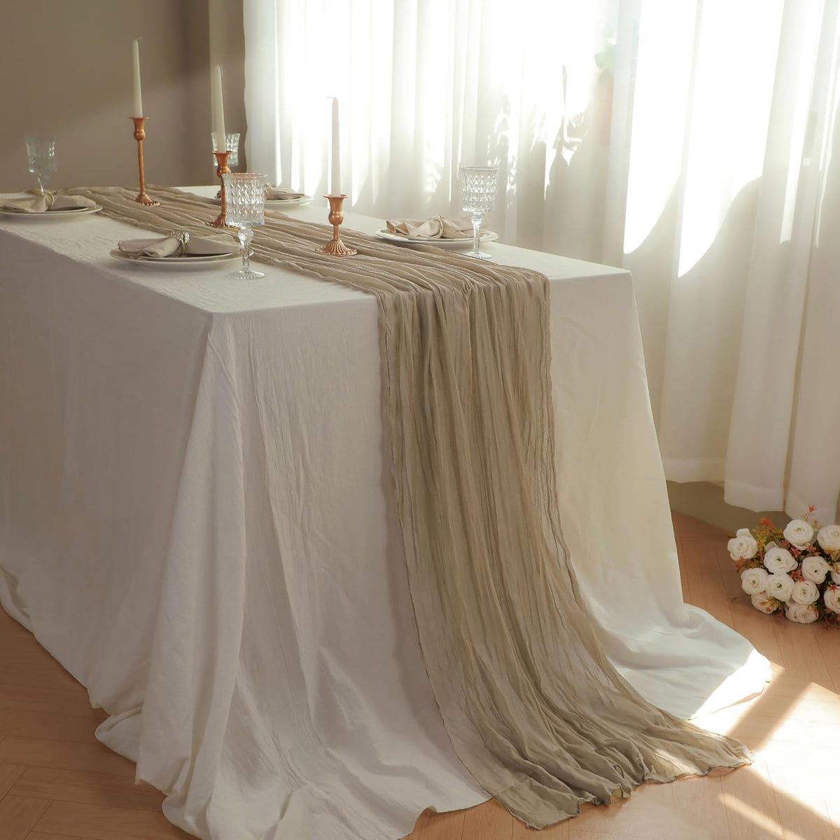 Snowkingdom 10 FT Nude Brown Cheesecloth Table Runner, 120 inch Long Cheese Cloth Boho Rustic Gauze
